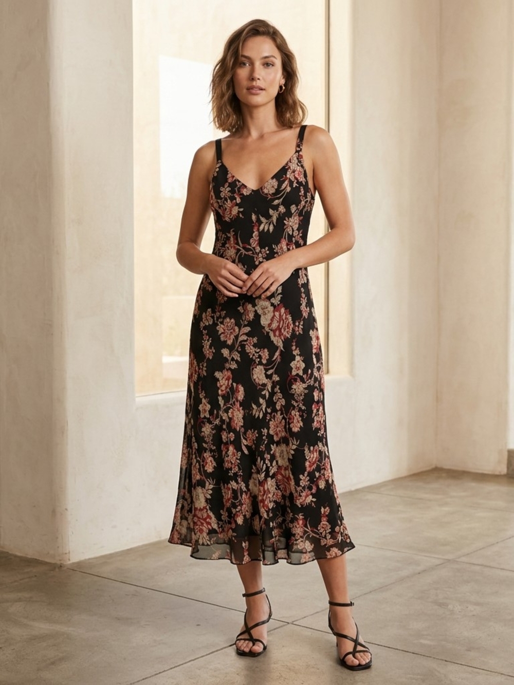 Black Floral Slip Midi Dress with Rose Print